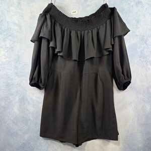 1.STATE Womens Black Off The Shoulder Ruffle Romper Smocked Long Sleeve Large